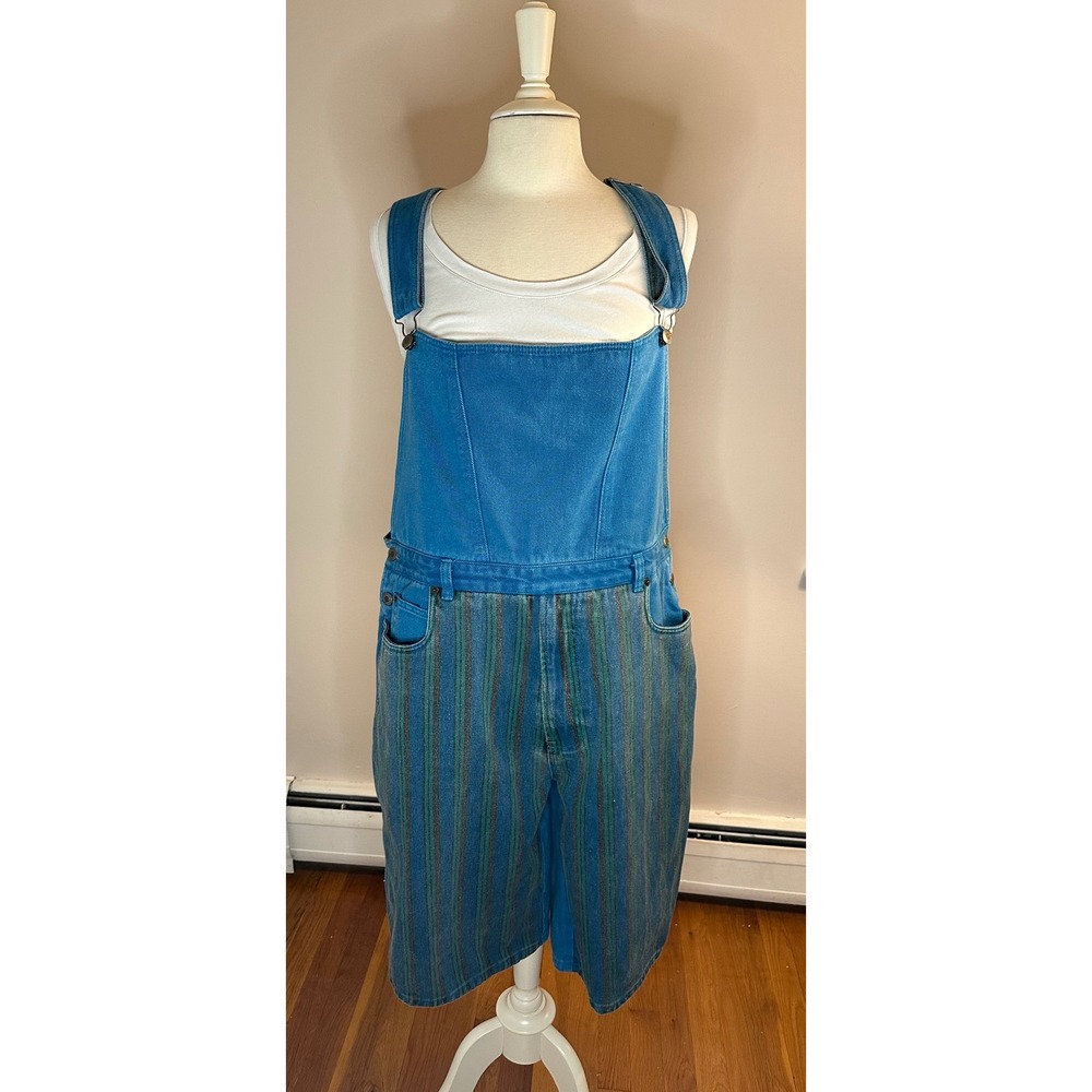 Bugle Boy Vintage Denim Striped Shortalls Blue Green Mixed Media Overalls XL
